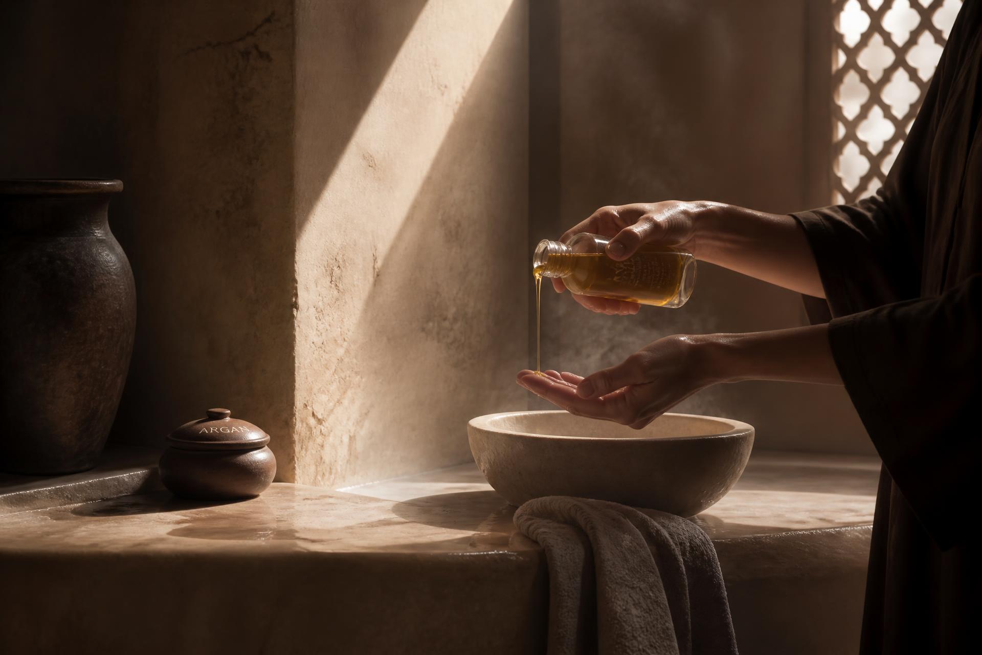 Huile d'argan versée dans un bol de pierre, lumière de hammam marocain